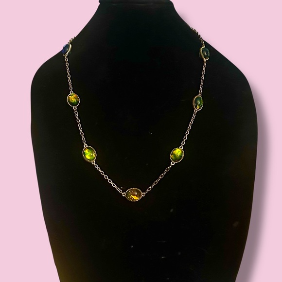 Gold tone stationed fire opal chain necklace - Picture 1 of 4